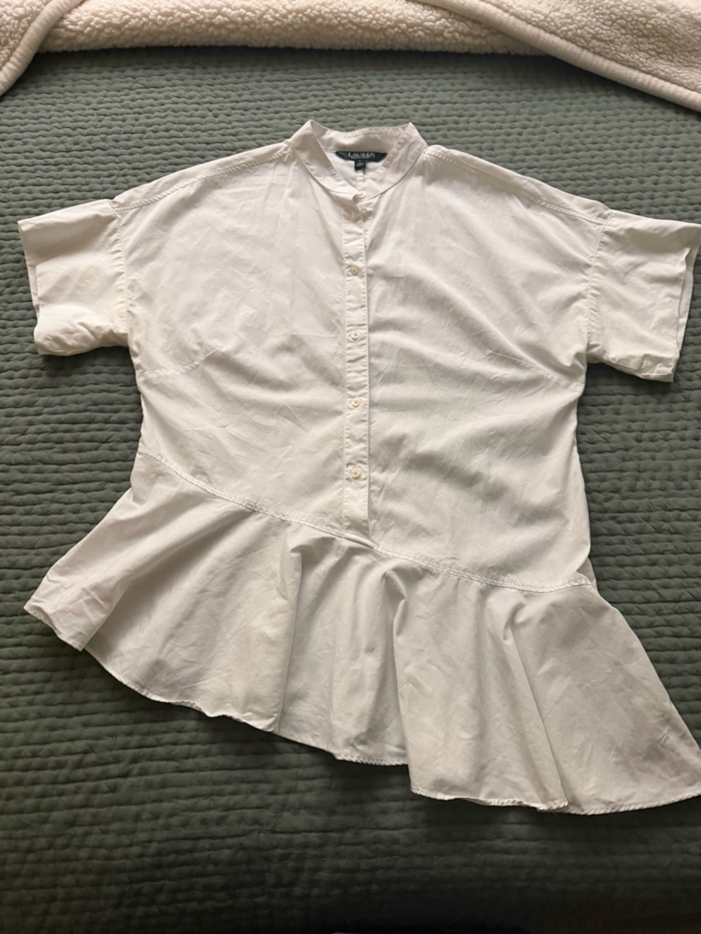 Ralph Lauren White Ruffled Asymmetrical Hem Button-Front Blouse